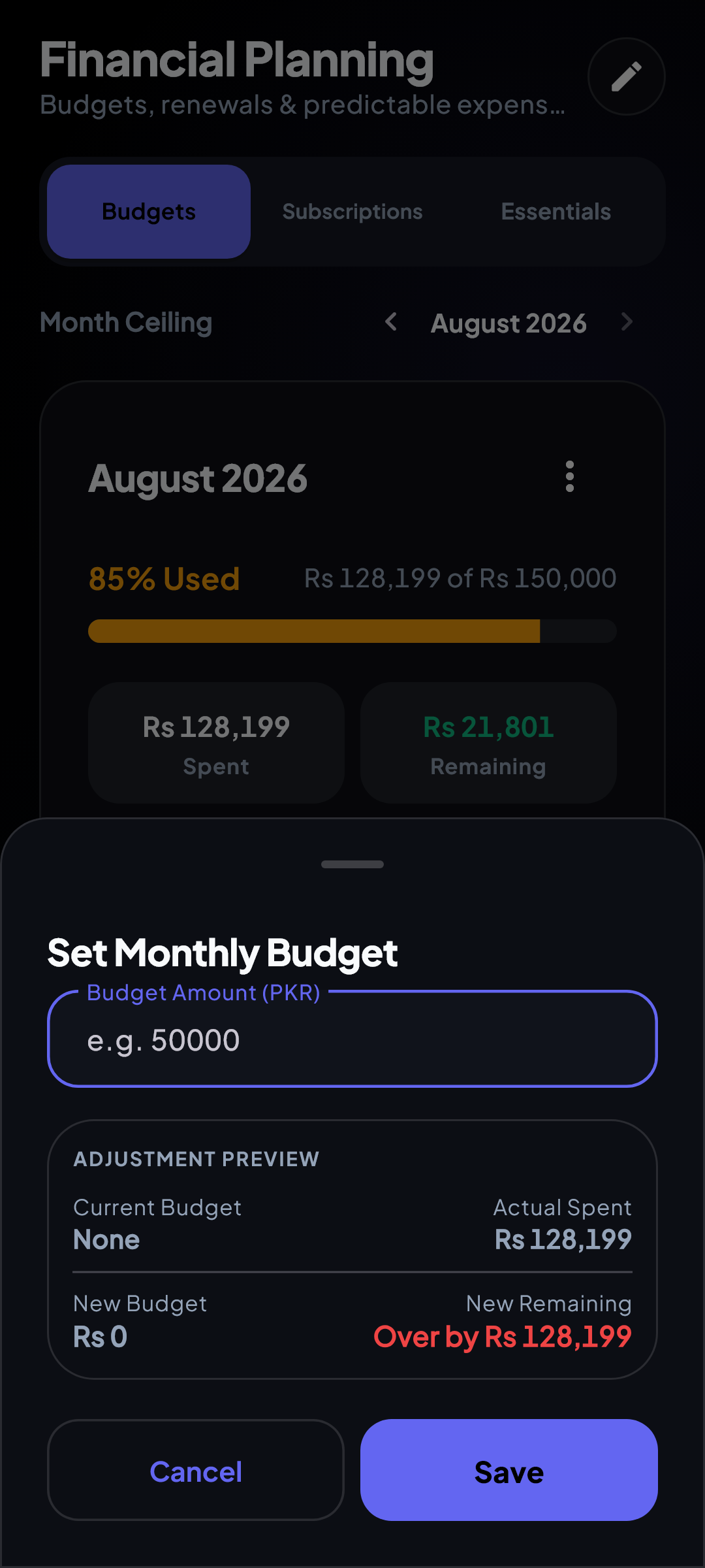 WalletMelt Financial Planning screen showing ceiling adjustment simulation